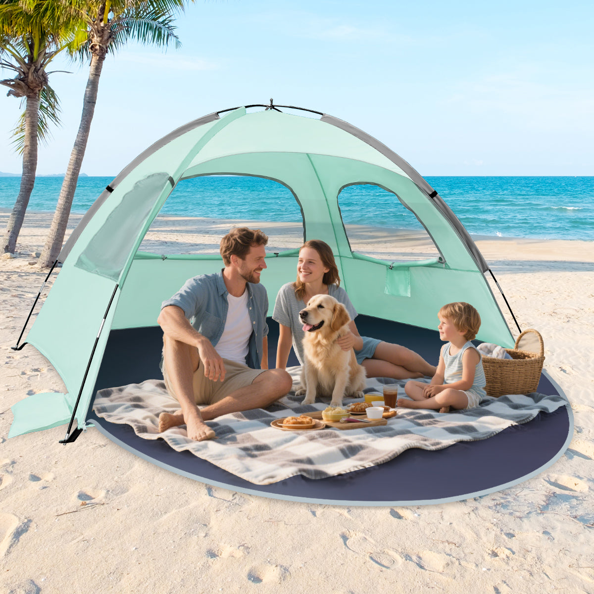 NXONE Beach Tent Sun Shade Shelter for 3/4/6 Person Person with UV Protection, Extended Floor, 3 Mesh Roll Up Windows & 8.0/8.5mm Fiberglass Rods丨Carry Bag Included