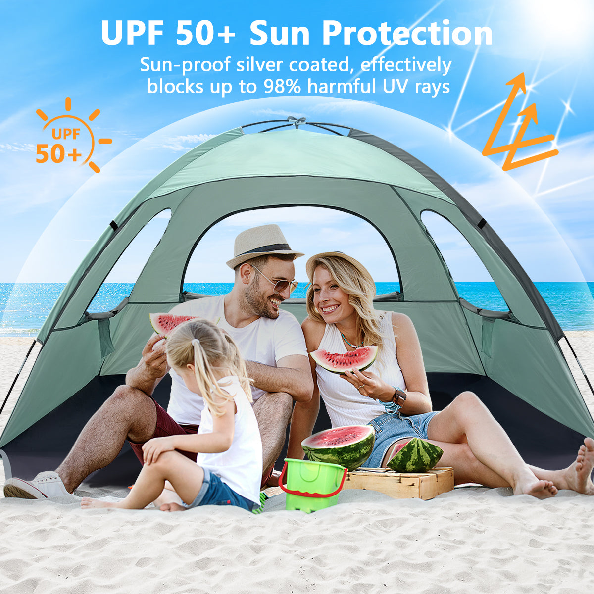NXONE Beach Tent Sun Shade Shelter for 3/4/6 Person Person with UV Protection, Extended Floor, 3 Mesh Roll Up Windows & 8.0/8.5mm Fiberglass Rods丨Carry Bag Included