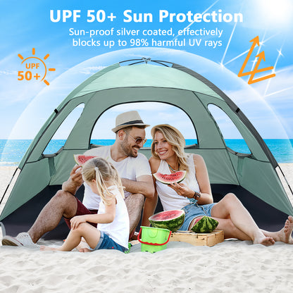 NXONE Beach Tent Sun Shade Shelter for 3/4/6 Person Person with UV Protection, Extended Floor, 3 Mesh Roll Up Windows & 8.0/8.5mm Fiberglass Rods丨Carry Bag Included