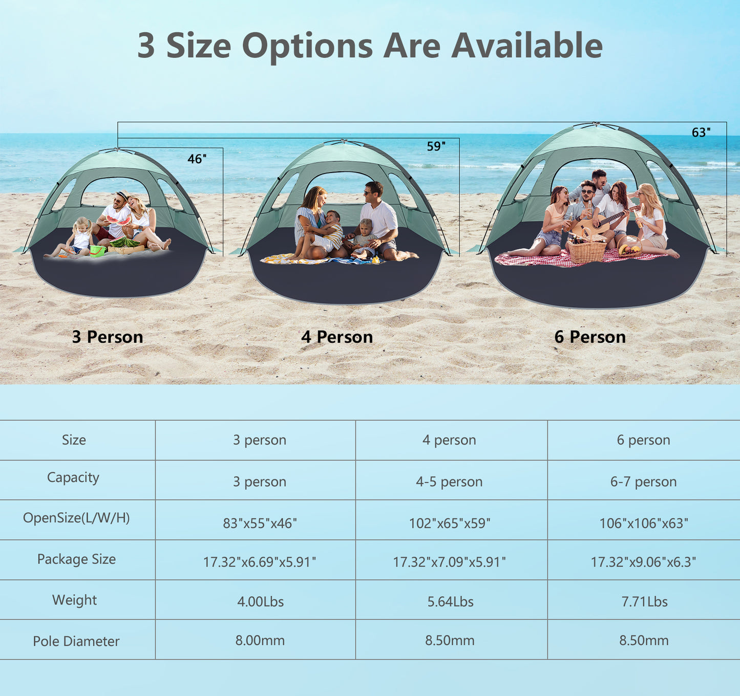 NXONE Beach Tent Sun Shade Shelter for 3/4/6 Person Person with UV Protection, Extended Floor, 3 Mesh Roll Up Windows & 8.0/8.5mm Fiberglass Rods丨Carry Bag Included