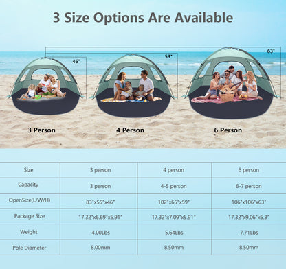 NXONE Beach Tent Sun Shade Shelter for 3/4/6 Person Person with UV Protection, Extended Floor, 3 Mesh Roll Up Windows & 8.0/8.5mm Fiberglass Rods丨Carry Bag Included