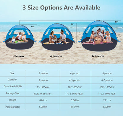 NXONE Beach Tent Sun Shade Shelter for 3/4/6 Person Person with UV Protection, Extended Floor, 3 Mesh Roll Up Windows & 8.0/8.5mm Fiberglass Rods丨Carry Bag Included
